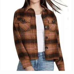 BB Dakota Steve Madden Plaid Flannel Cropped Womens Size Large Brown Pink